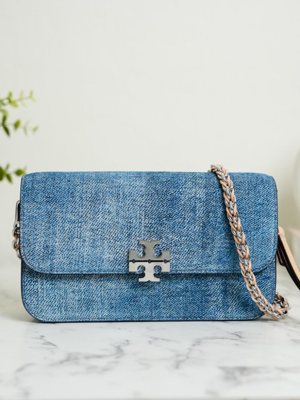 Tory Burch Britten Denim Suede Chain Wallet Crossbody with Wristlet NWT